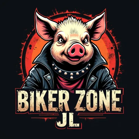 Logo for a biker shop with the name : Biker Zone "jl" .and the animated image of a Pig