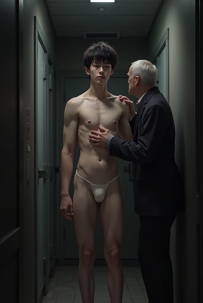 1boy、Handsome Japanese male high school student, 、Cute idol face、Beautiful Face、Completely naked、Full nudity、Slim body、Butt Exposed、Sad look、Old Japanese man pinches his nipples、Dark corridor