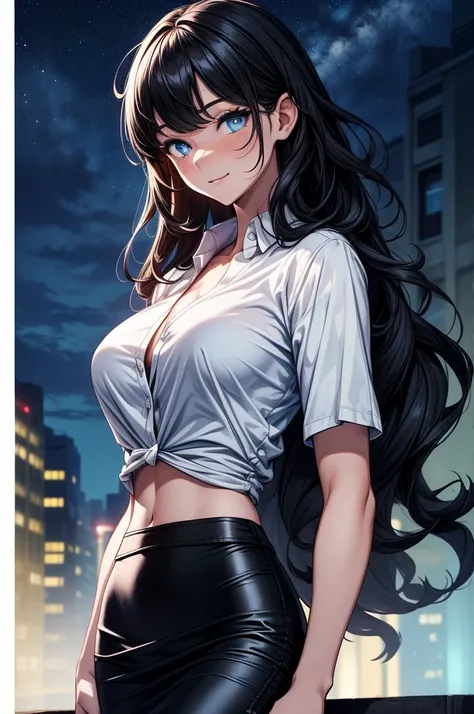 ((((masterpiece, best quality:1.3, high detail)))), beautiful woman facing forward, bright blue eyes, shy, full-face blush, smile, solo focus,, long ((wavy hair)), ((black hair)), hairpin, ((white t-shirt and black unbuttoned blazer)), ((black midi pencil ...