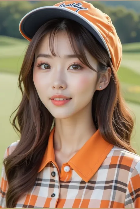 (Real, Highest quality, High resolution :1.3), a 25years old lady with a perfect body, Very beautiful face and eyes, Korean Beauty, happy smile, Long hair with a perm, (Wearing a orange checked golf shirts), checks pattern print golf skirts, sun visor, get...