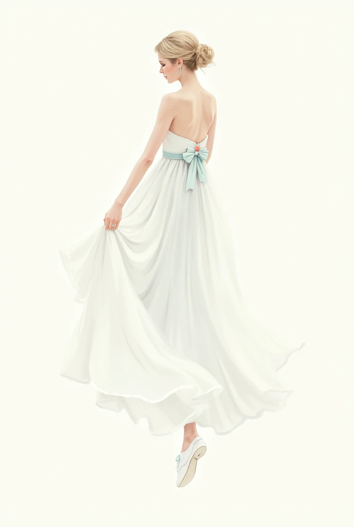 Watercolor image of a bridesmaid in a long, flowing white dress, white doll shoe. faceless. At the waist, a belt with a bow at the back in serenity blue. 