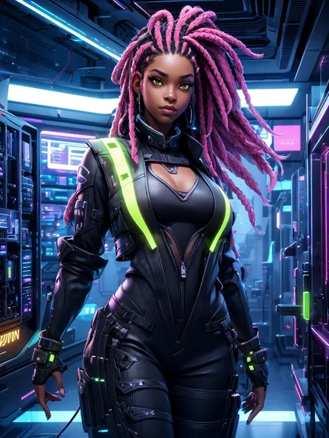 black female in dreadlocks hairstyle hacker, in golden vest, open vest, black Leather Cooling Jumpsuit with glowing with white light Vertical Stitching wires, Xtreme, breasts, big breasts, dirt on her clothes and face, black costume,leżącą na fotelu, drama...