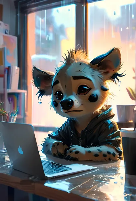 masterpiece，3d，Cute Hyena，Looking into the camera，Sitting at a desk, He is holding his head in front of his laptop in disappointment，There is iced coffee on the desk...，Best Quality，Brown eyes，feet，manga style，Alone, Animal ears, close, Background Blur, An...