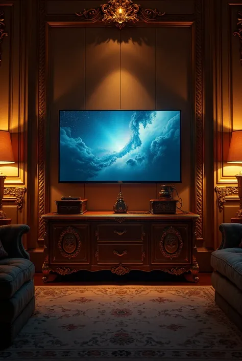 Make a picture of a TV hanging on the TV in a rich man&#39;s room at night