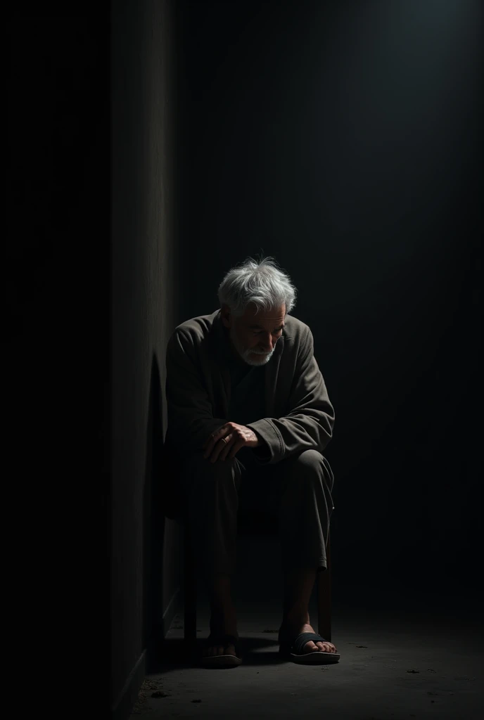 A white-haired man sitting in the corner of a dark room 