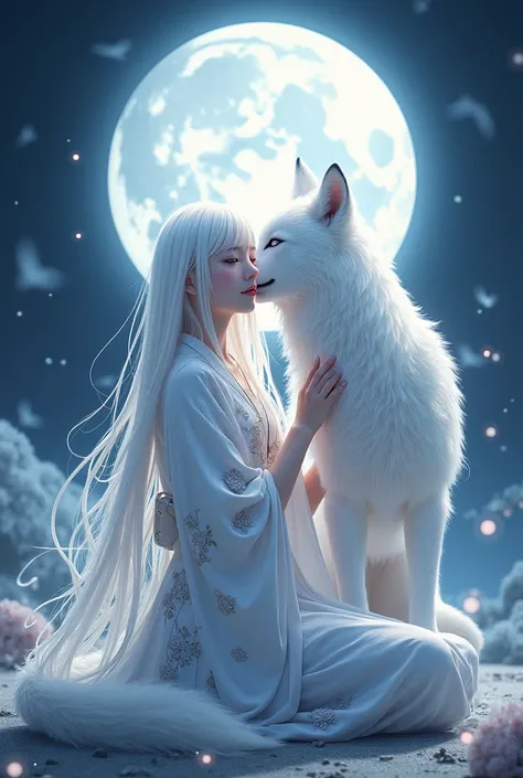 Anime character with white hair and white wolf before the full moon, fantasy fox love, White-haired fox, white fox anime, Anime fantasy illustration, White fox, art of silverfox,Best quality, Masterpiece, ultra-realistic realism, Dream-like,fusionart, Shad...