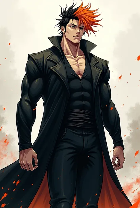 Tall muscular man, Black hair with orange tips, feminine and closed expression jujutsu kaisen style big man 2m height medium hair