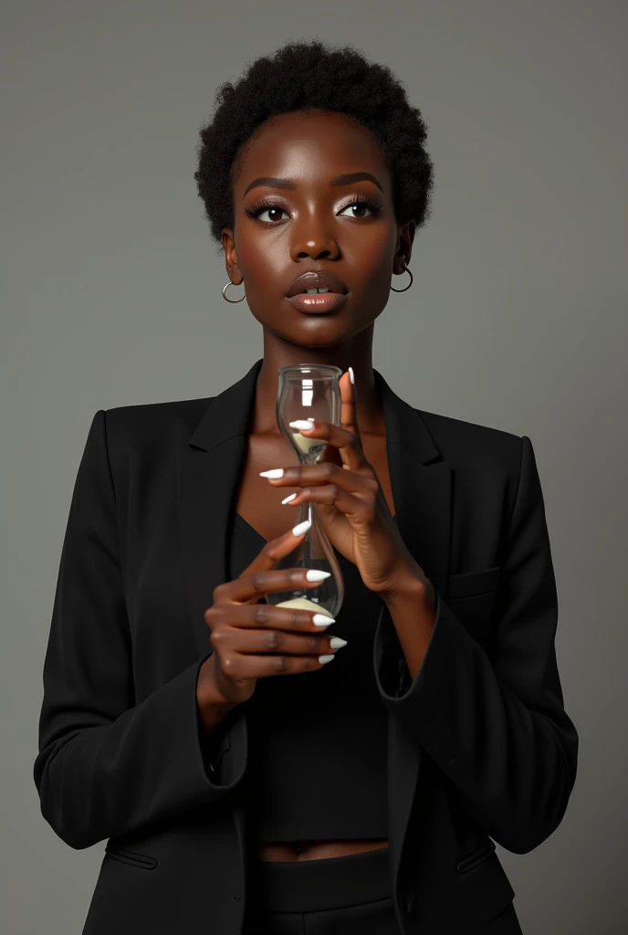 
A single 2 woman with short, well-defined afro hair and brown skin, wearing makeup, dressed in an elegant black blazer over a black blouse and black pants. She has brown eyes and perfectly groomed nails. During the photo shoot, she is holding a perfect ho...