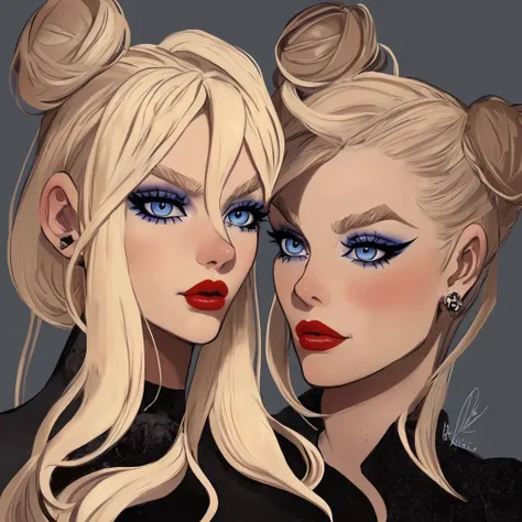 an eye contact of a blond with bun hair and dark theme, a portrait of a blonde woman , ((abliss)) makeup aesthetics babe lips bl...