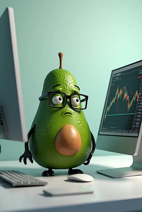 A hass avocado wearing glasses sitting in front of a screen watching a chart of the nasdaq