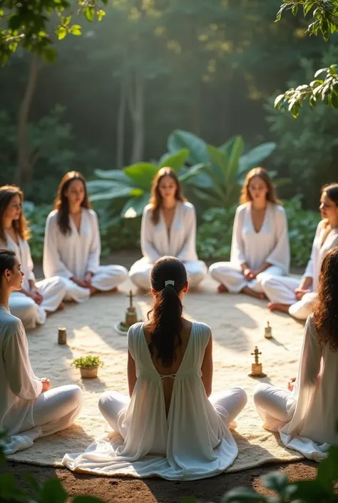 women dressed in white meditating in a holistic ceremony in a circle in nature
