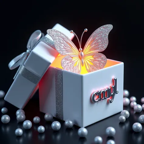 A stunning 3D render of a vibrant, luminescent butterfly with silver wings, perched elegantly inside a luxurious, glittering white box. The butterflys wings are adorned with shimmering gems and intricate patterns, reflecting the light and casting a mesmeri...