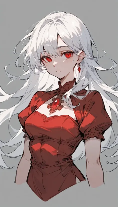 1 girl, solo, long white hair, red eyes, red dress, pencil sketch