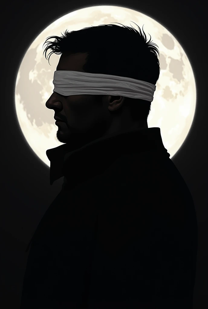 Simple silhouette drawing of chest up dark man with white blindfold on eyes and black moon in background. 