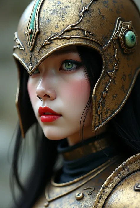 extreme closeup side portrait of female japanese fantasy knight wearing a greek bronze age full-face helmet, nose stud, long hair, bronze breastplate, green eyes, turquoise eyeshadow, red lips
Negative prompt: 
Steps: 25, Sampler: Undefined, CFG scale: 3.5...