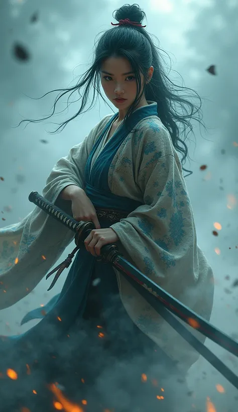 Mysterious warrior woman (Miyamoto Musashi) Wielding a Japanese sword, Every powerful blow will、Shrouded in a fog that obscures vision, Revealing a vivid and otherworldly scene, In the hazy background，The sword&#39;s strike is very clear, Clear eyes, Exqui...