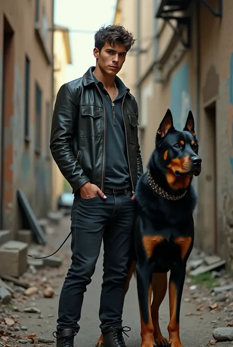 Create an adult boy with a Rottweiler