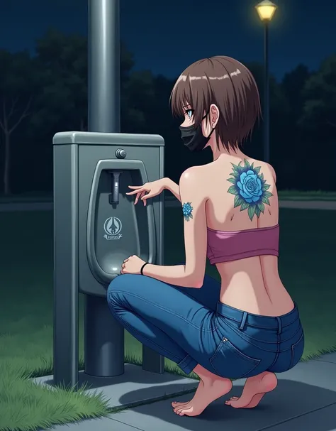 beautiful, anime drawing, woman, wearing black surgical mask, brown hair, 
cleaning an outdoor urinal, squatting down, back view, short hair, park,
jeans, pink tubetop, strapless, detailed, (blue rose tattoo on back), 
barefoot, nighttime, bare upper back,...