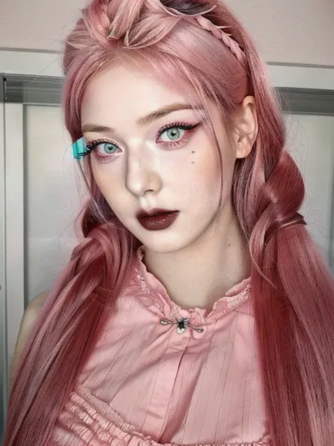 a close up of a woman with pink hair wearing glasses and a pink top and pink eyes, kawaii realistic portrait, with pink hair, pink twintail hair and cyan eyes, ((red)) baggy eyes, 1  anime goth girl, pink straight hair, goth girl aesthetic, pastel goth aes...