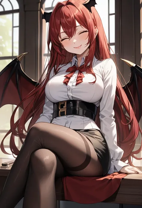 masterpiece, best quality, anime, 1girl, solo, adult, touhou, koakuma, red hair, long hair, closed eyes, bat wings on head, white shirt, black dress, hair intakes, large breasts, black pantyhose, high heels, pencil skirt, arm belt, smile, sitting with cros...