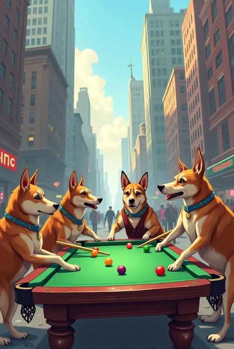 Several dogs playing billiards in the middle of the city
