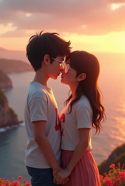 A couple, the boy with whiter skin tone and the girl with darker skin and straight hair, the boy with glasses and the girl with transparent heart-shaped glasses., the one with the initial D on the shirt and the one with the initial C on the realistic shirt...