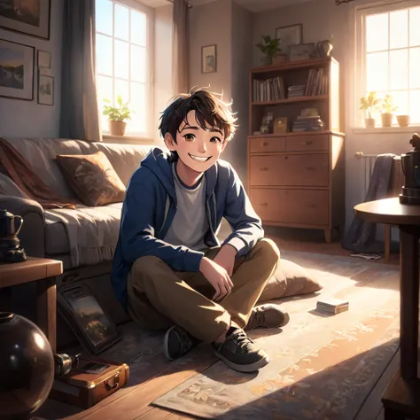 Happy, hopeful, cinematic lighting, in this world filled with objects and memories, he seems both lost and perfectly at home, with a smile that hides a long story.
