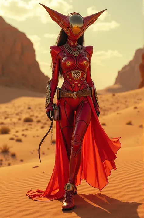 Russian-red alien creature in desert art hd, in the style of futuristic Russian glamour combat , dark red and gold, low depth of field, solarpunk, surrealistic poses, expansive skies, captivating::, an alien woman walking in the desert, in the style of ela...