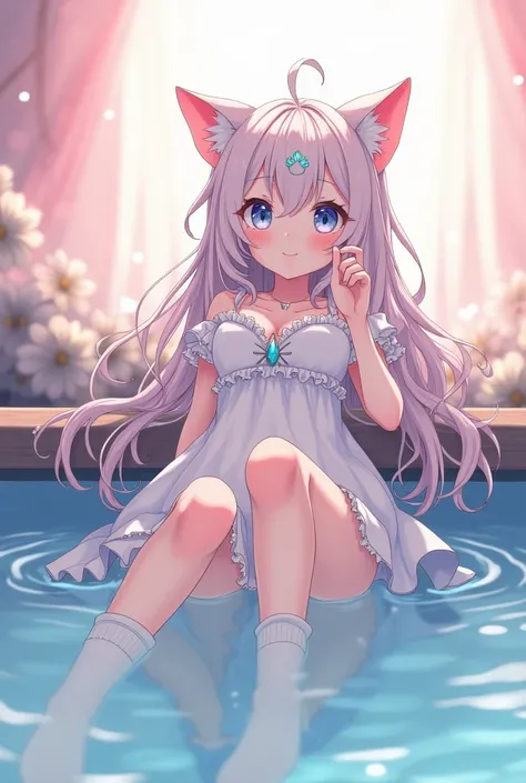 1 cat girl, benitoite eyes, cat tail, cat ears, curl inside hair, sleepy, (grin:0.9), (parted lips:0.9), cute, 
frills, no bra, medium breast, white socks, leaning back,  (pond:0.9),
sharp focus, looking at viewer, 
(intricate:1.1), (white tone:1.1), (pink...