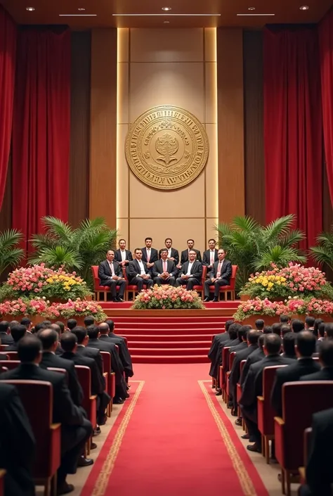 
create a decoration for the graduation ceremony of the Chemistry course (with everything, panel in the background, platform with chairs, board of directors, flores