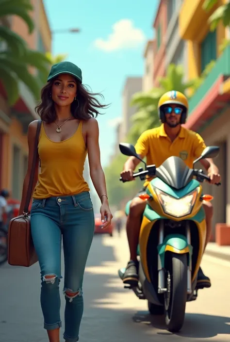 Brazilian woman, receiving the order from a motorcycle courier who is wearing a yellow shirt and motorcycle