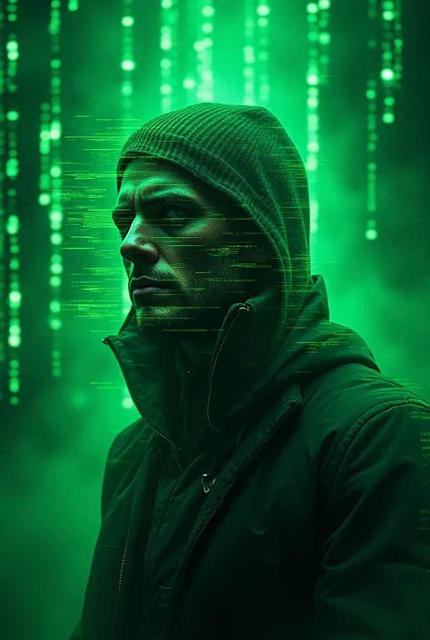 Hacker with virus on face and green code background 