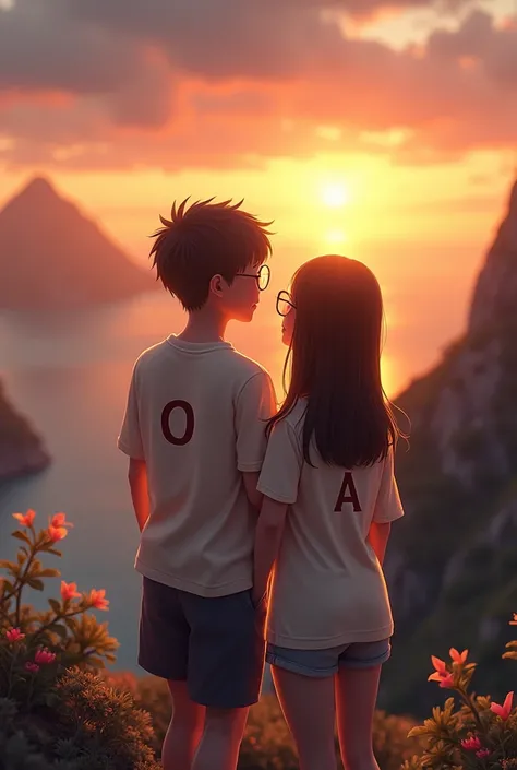 A couple, the boy with whiter skin tone and the girl with darker skin and straight hair, the boy with glasses and the girl with transparent heart-shaped glasses., the girl with the initial D on the shirt and the boy with the initial C on the shirt realisti...