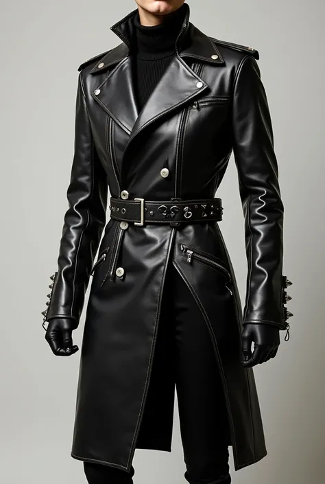 create a luxurious overcoat in genuine leather in black, with handmade details and metal spikes and rings to bring a punk characteristic. The right side must be smaller than the right side, reaching hip height and the coat should be open in the middle, wit...