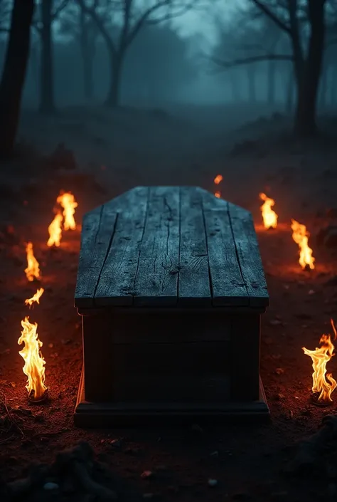 a creepy dark wooden coffin with burning torches around it at night in jalisco mexico, dramatic lighting, ominous atmosphere, gothic horror, moody colors, deep shadows, photorealistic, (best quality,4k,8k,highres,masterpiece:1.2),ultra-detailed,(realistic,...