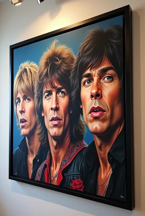 A custom black framed picture of the Rolling Stones hanging on a wall, the most HD image, that the painting measures 60x60