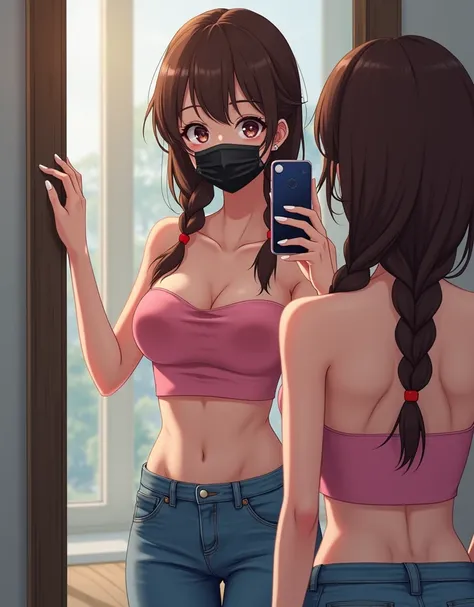 beautiful, anime drawing, woman, braided brown hair, pink tubetop, jeans,
looking at herself through mirror, one hand on the mirror, black surgical mask,
cleavage, other hand taking picture with a smartphone, alluring, detailed,
characters own viewpoint