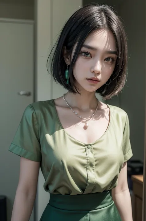 Transform the character Nojinho from the movie "funny mind" into a realistic green colored person. She must be a young woman, with straight dark green hair, cut in a bob style. Your eyes must be expressive, with a look of disdain and arched eyebrows. She s...