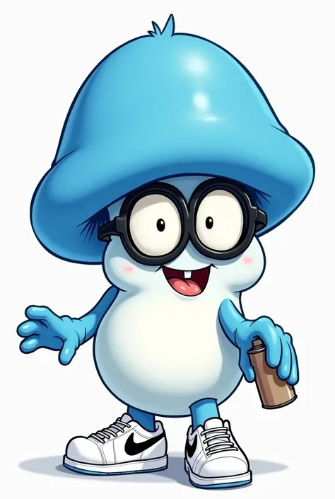 with the drawing style of (ren & STIMPY) Cartoon of a blue mushroom with a white body, with black Riban lenses. with a gallant smile, white Nike tennis shoes and a spray can in his right hand.