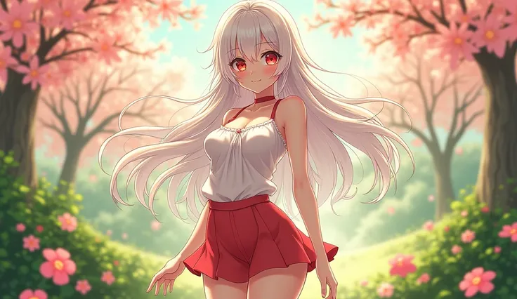 Anime girl with red eyes and long white hair and spring clothes +18 showing legs spring background