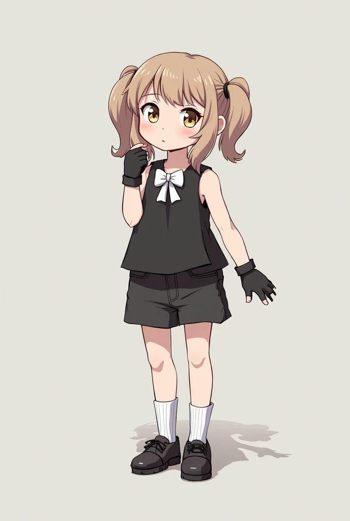 A girl with light brown hair, bangs and two pigtails and a black sleeveless shirt and in the middle you will see a white bow on the shirt and small black gloves that go on the arms and black shoes with white socks and black shorts.