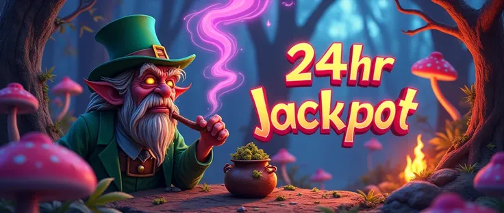 logo brand name "24hr jackpot" in vibrant green gothic script font 3D, old scary leprechaun smoking in magical forest, bright vibrant colours purple, pink, green, red, blue, vibrant trippy mushroom, with a pot of weed buds in the back, brown grabba leaves,...