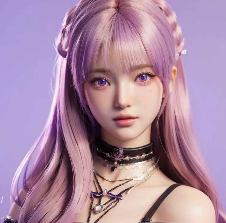 a close up of a doll with long hair and a choke and purple eyes, realistic anime 3 d style, anime styled 3d, render of a cute 3d...