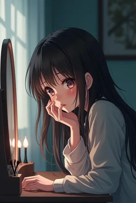 A beautiful anime girl is doing her makeup and tears are pouring from her eyes