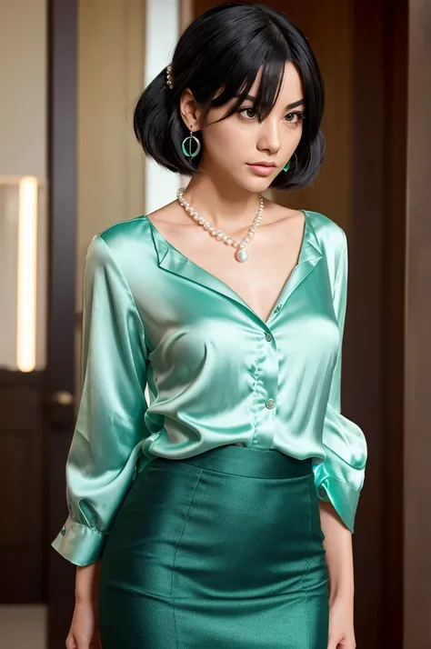 Transform the character Nojinho from the movie "funny mind" in a realistic person. She must be a young woman, with straight dark green hair, cut in a bob style. Your eyes must be expressive, with a look of disdain and arched eyebrows. She should be wearing...