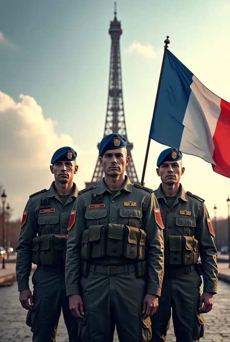 An image featuring elements of the French Armed Forces with Frances national flag. In the background, iconic landmarks like the Eiffel Tower and Arc de Triomphe. The foreground showcases two to three French soldiers in modern military uniforms, confidently...