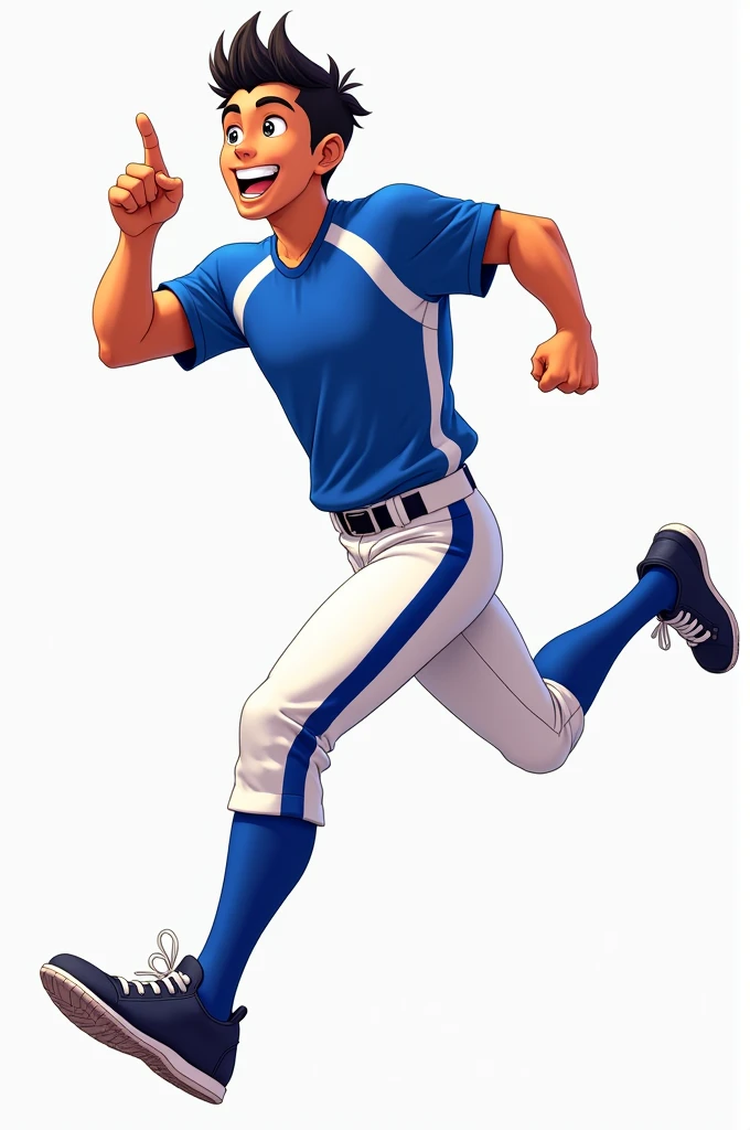 2d illustration. Young attractive Japanese, Tall and athletic, running, raising his left arm in the air, pointing to the horizon while smiling happily., dressed in a royal blue and white baseball uniform