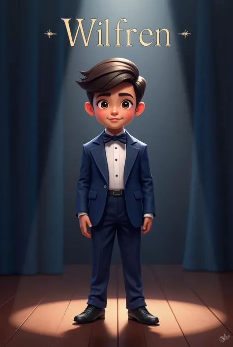 A young brown-eyed boy in a blue tuxedo walking on a stage and below it says wilfren as a logo 