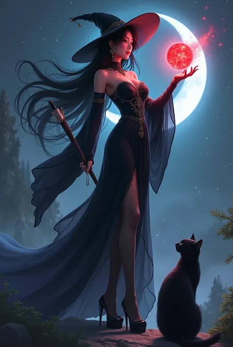 asian, long black hair, witch, gown, long nails, magic wand, black cat nearby, night, crescent moon, fantasy, orb in hand, red aura, hat, stockings, high heels