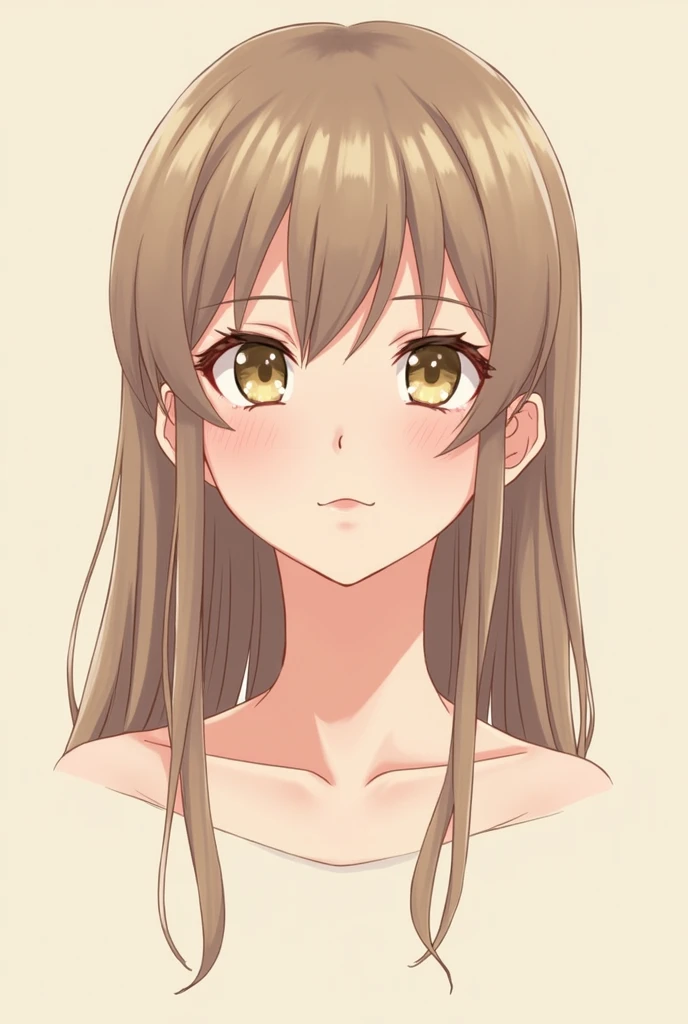 Short, round face, small eyes, light brown, long hair, light brown, medium chest, small mouth, thin nose, anime